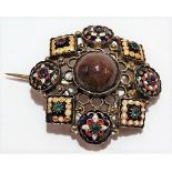 Attractive silver gilt filigree coloured enamel red and green stone set circular brooch with a