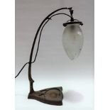 Early 20th Century Secessionist brass table lamp on cantilever support with frosted and star cut
