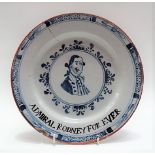 Of naval interest - 18th Century English Delft blue and white plate, the centre decorated with a