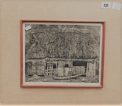 TANAKA RYOHEI Thatched Shed Etching Signed and dated '66 Artist's proof 20.5cm x 26.5cm