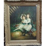 ALICE WELL Portrait of a seated boy and girl in a garden. Oil on canvas. Signed. 89cm x 69cm.
