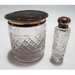 George V silver and tortoiseshell pique cylindrical cut glass toilet jar, London 1919; together with