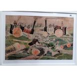 After MICHAEL ROTHENSTEIN A Logging Scene with Steam Engines Colour lithograph 40.5cm x 63.5cm