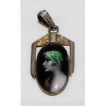 Good 18CT GOLD coloured enamel Art Nouveau pendant, the enamel decorated with profile portrait