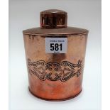 J.S. & S. Sankey copper oval tea caddy with embossed foliate strap decoration, stamped mark to the