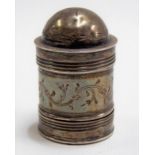 George III silver cylindrical foliate engraved nutmeg grater by John Turner with domed cover and