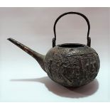 Chinese bronze ovoid teapot cast with figures within garden buildings and with swing handle,