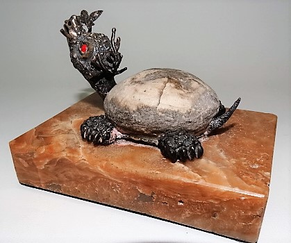 Contemporary white metal and fossilised sea anemone sculpture of a terrapin with coral inset eyes - Image 2 of 2