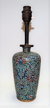 Chinese cloisonné vase, converted to a table lamp decorated with chrysanthemum and foliate scrolls