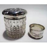Edwardian silver lid cut glass toilet jar, Birmingham 1903; together with a napkin ring, weight of