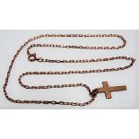 9ct gold cross pendant upon a 9ct rose gold curb link chain, weight 7.4g approx.