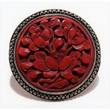 Chinese cinnabar lacquer white metal circular clip brooch, the back stamped CHINA, diameter 40mm