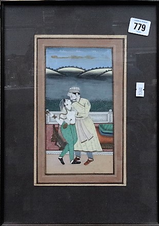 Indian gouache leaf from a manuscript depicting a courting couple, 22cm x 13cm.