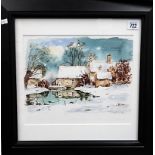 Monogram B.V.M. Watercolour depicting cottages in a snowy river landscape 24cm x 29cm