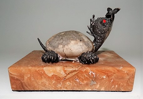 Contemporary white metal and fossilised sea anemone sculpture of a terrapin with coral inset eyes