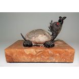 Contemporary white metal and fossilised sea anemone sculpture of a terrapin with coral inset eyes