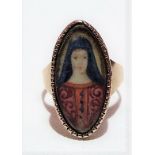 Antique gold ring set with a lunette miniature portrait of a woman with blue headscarf and pink