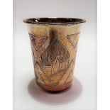 Russian silver tumbler, engraved decoration with buildings and flowers, makers mark r.P, 84 mark,
