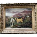 FRANK STRATFORD Highland Cattle in a Highland landscape. Oil on canvas. Signed. 96cm x 127cm. Within