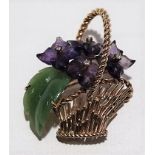 14k gold amethyst, diamond and jade basket brooch, naturalistically designed with a jade leaf,