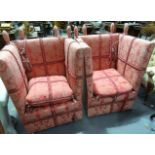 Good pair of Knole foliate pink damask chairs, both with drop-down sides, released by levers, upon