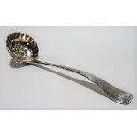 George III berry sifter spoon with bright cut engraved handle, hallmarks worn, weight 1.45oz approx