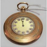 18ct gold crown wind dress pocket watch, the case with engine turned decoration and with pale blue