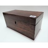 19th Century rosewood rectangular tea caddy, hinged to reveal two compartments and a replacement
