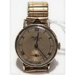 9ct gold J.W. Bensen gentlemen's manual wind wristwatch with gilt 28mm dial with Roman numerals