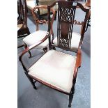 Edwardian inlaid mahogany elbow chair with upholstered seat (both arms repaired)