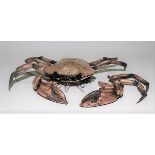 White metal fully naturally articulated crab with black bead eyes, stamped PAT 101152 710 B and with