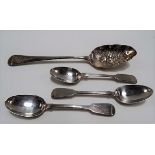 George III silver Old English pattern berry spoon, London 1807; together with two George III and a