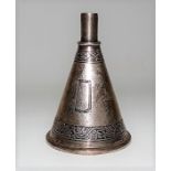 Continental silver wine funnel etched with bands of fruiting vine, stamped RB Co and Sterling,