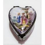 18th Century Continental enamel heart shaped box, the hinged cover decorated with a courting