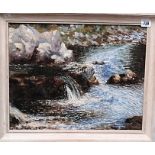 FERGUS O'RYAN 'The Salmon Pool, Clady River, Co. Donegal' Oil on board Signed and inscribed in