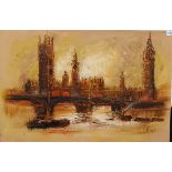 JOHN BAMPFIELD Thames View of Westminster. Oil on canvas. Signed. 61cm x 92cm.