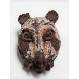 Benin tribal terracotta leopard head mask, length 11.5cm.