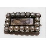 19th Century gold pearl set rectangular mourning brooch with glazed hair panel, width 24mm, weight