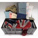 Ammunitions tin containing two old Union Jack flags and British military ephemera, etc.