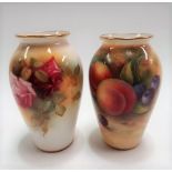 Two Royal Worcester blush ivory vases, one rose painted and signed M Hunt, the other with fruit