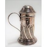 Victorian silver cylindrical wrythen fluted pepper caster with loop handle, maker GFSD, London 1889,