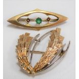 9ct gold green stone and seed pearl set three stone brooch, width 37mm; together with a modern 9ct