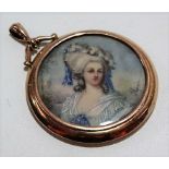 9ct gold mounted ivory miniature pendant painted with an 18th Century lady, diameter 42mm, weight