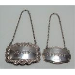 Two modern silver hallmarked spirit labels, Scotch and Sherry, weight 0.75oz approx.