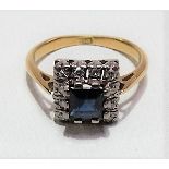 Yellow metal platinum set diamond and sapphire cluster ring, weight 4.2g approx