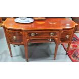 Good George III Sheraton period mahogany and satinwood cross banded break front sideboard, the top