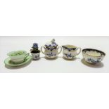 Royal Worcester porcelain dolls house blue & white transfer printed lidded twin handle bowl, sugar