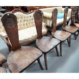 Set of four oak and elm Arts & Crafts style dining chairs by Jack Grimble, Cromer, the slat backs