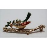 18ct gold and coloured enamel brooch cast as a bird on a branch, stamped FOMA 750 SZAR, width