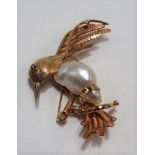 Modern 14ct gold baroque pearl diamond and sapphire set hummingbird brooch, set with a blister pearl